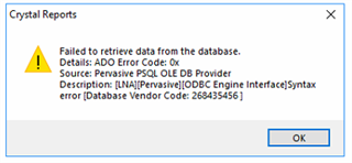 crystal reports failed to retrieve data from database