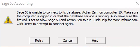 sage 50 unable to connect to database