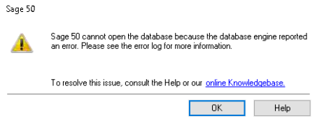 Sage 50 cannot open the database because the database engine reported an error