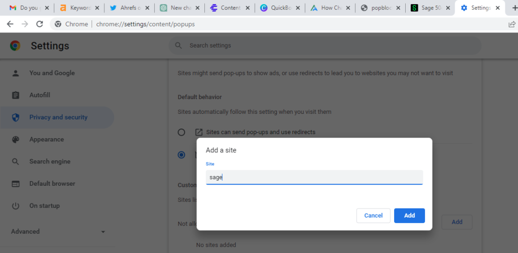 chrome pop up add sage software