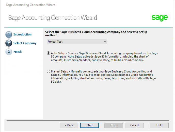 sage accounting connection wizard project test