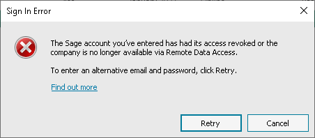 sage 50 remote data access error Sage account ID access revoked