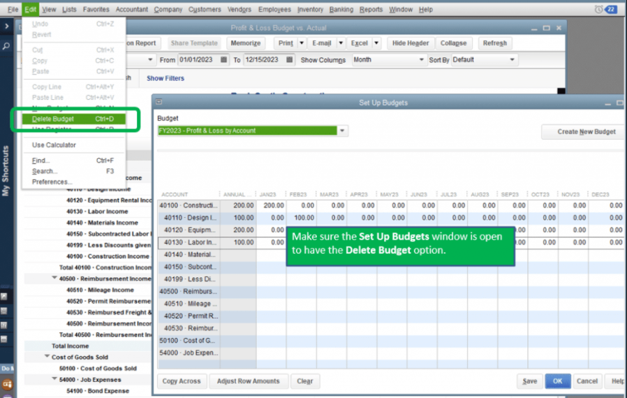 setup and delete budget in quickbooks