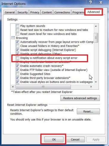 Disable the Script Error Notification in the Browser Settings