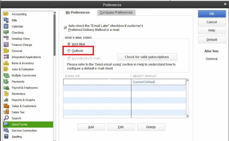Outlook is Not an Option in QuickBooks Send Forms Preferences