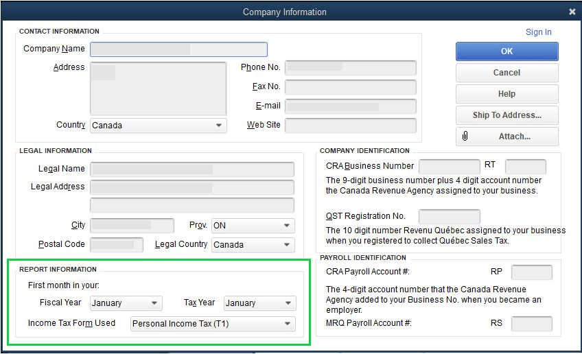 quickbooks company information