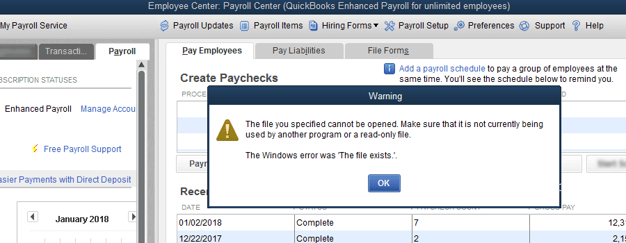 the information exist quickbooks error