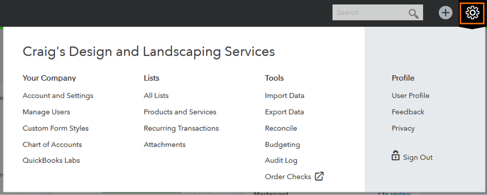 QuickBooks Online Gear icon