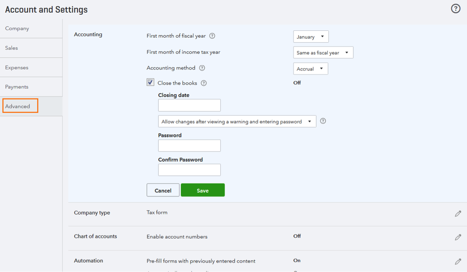 QuickBooks Online Account and Settings