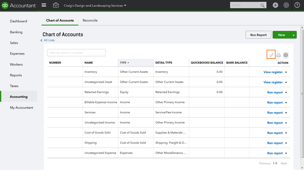 QuickBooks Online Chart of Accounts