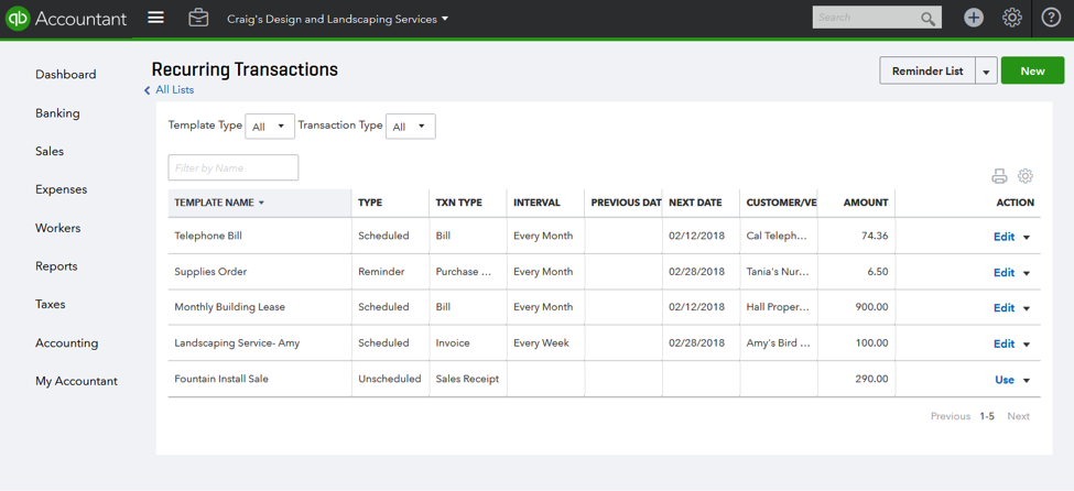 QuickBooks Online Recurring Transactions