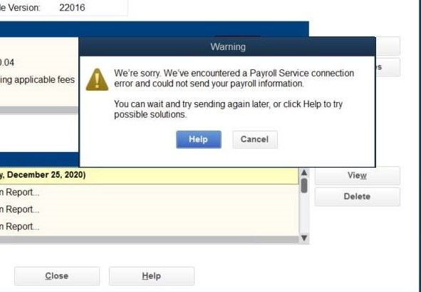qb payroll service connection error
