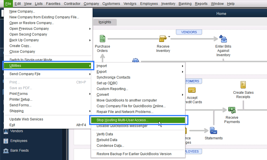 quickbooks stop multi-user hosting access