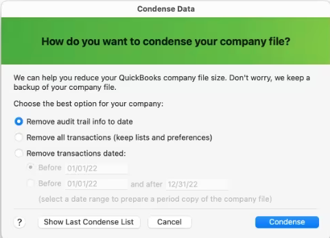 condense company file in quickbooks desktop mac plus 2023