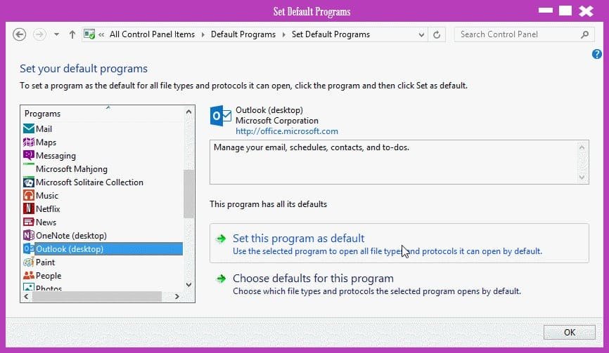 Set up Outlook as the Default Mail App