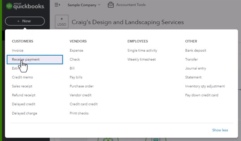 Receive Payment in quickbooks online