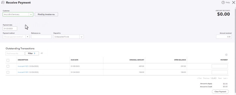 Receive Payment under Customer Quickbooks online