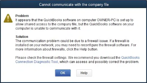 firewall error message in QuickBooks Desktop can't communicate with the company file