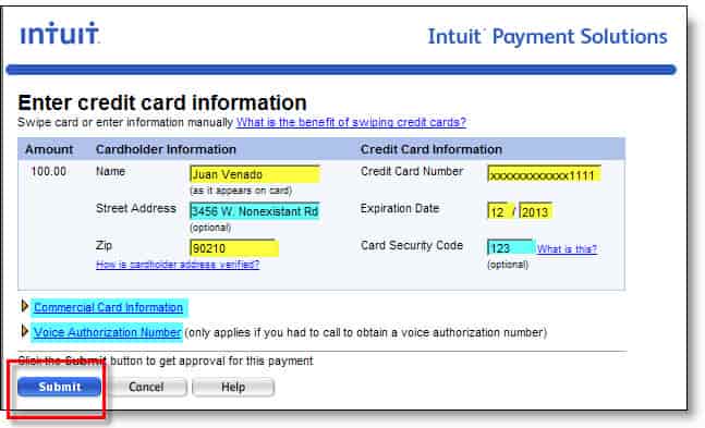 intuit payment solution enter credit card information