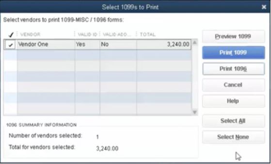 quickbooks desktop select vendors to print 1099-misc and 1096 forms