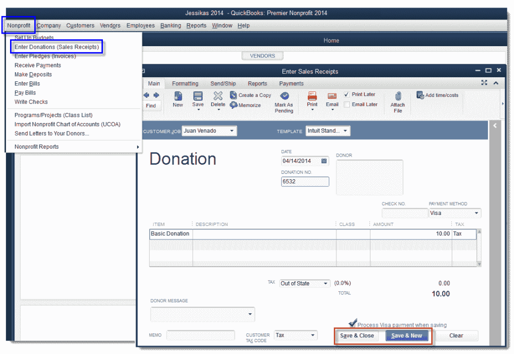 quickbooks desktop non profit enter donation (sales receipts)