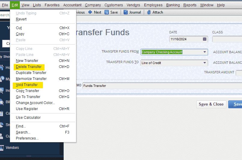 Delete a Transfer of Funds in QuickBooks